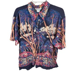 Vintage Avanti Hawaiian Shirt Men's XL 100% Silk Floral Abstract Loop Collar Art